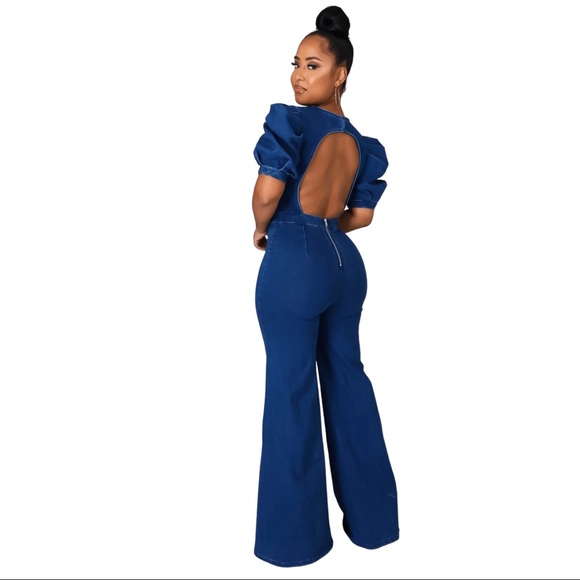 Allure- Backless Denim Jumpsuit - Picture 1 of 2
